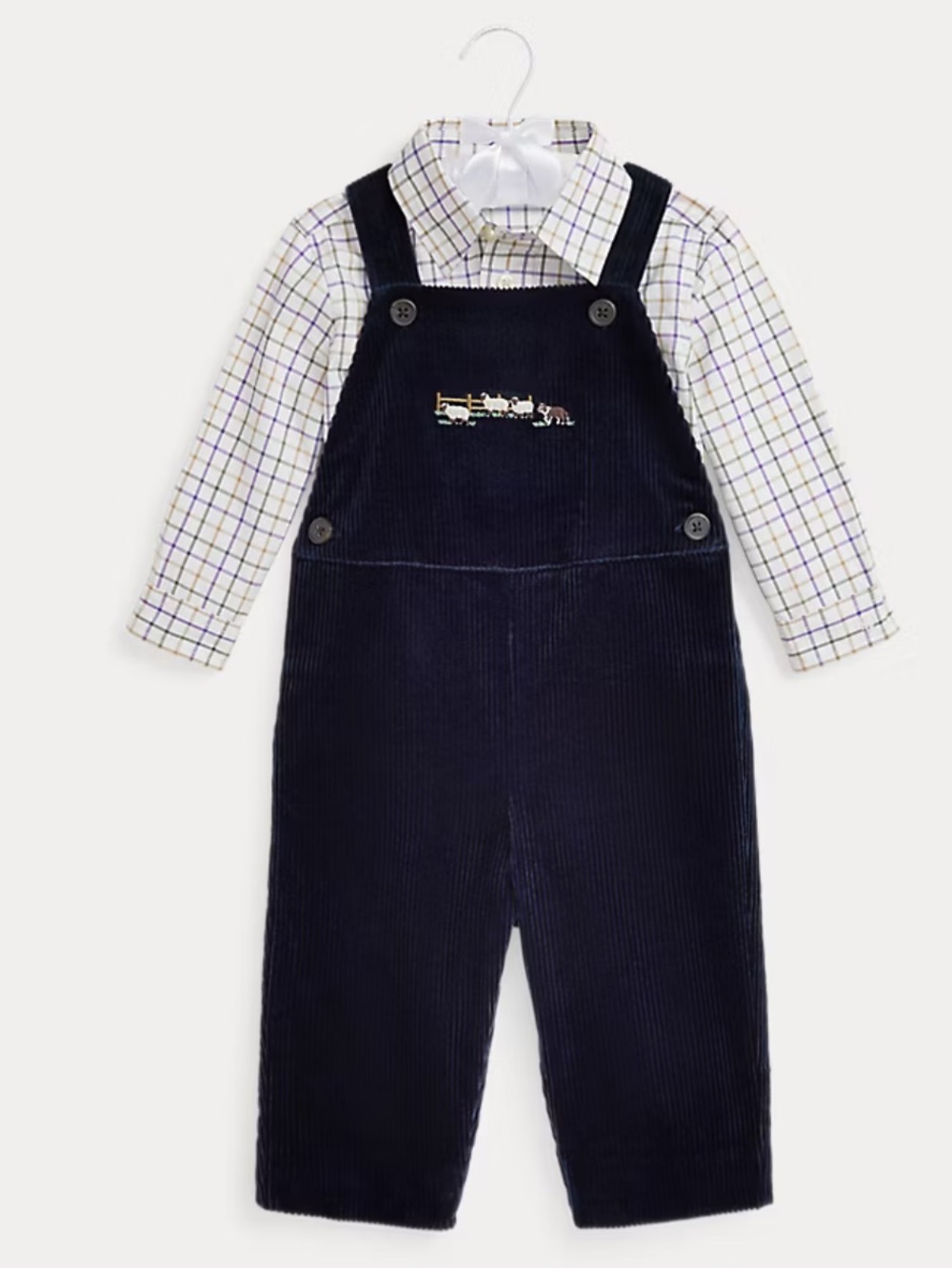 NWT Ralph Lauren Embroidered Corduroy Overall and Cotton Shirt Set 18 mos